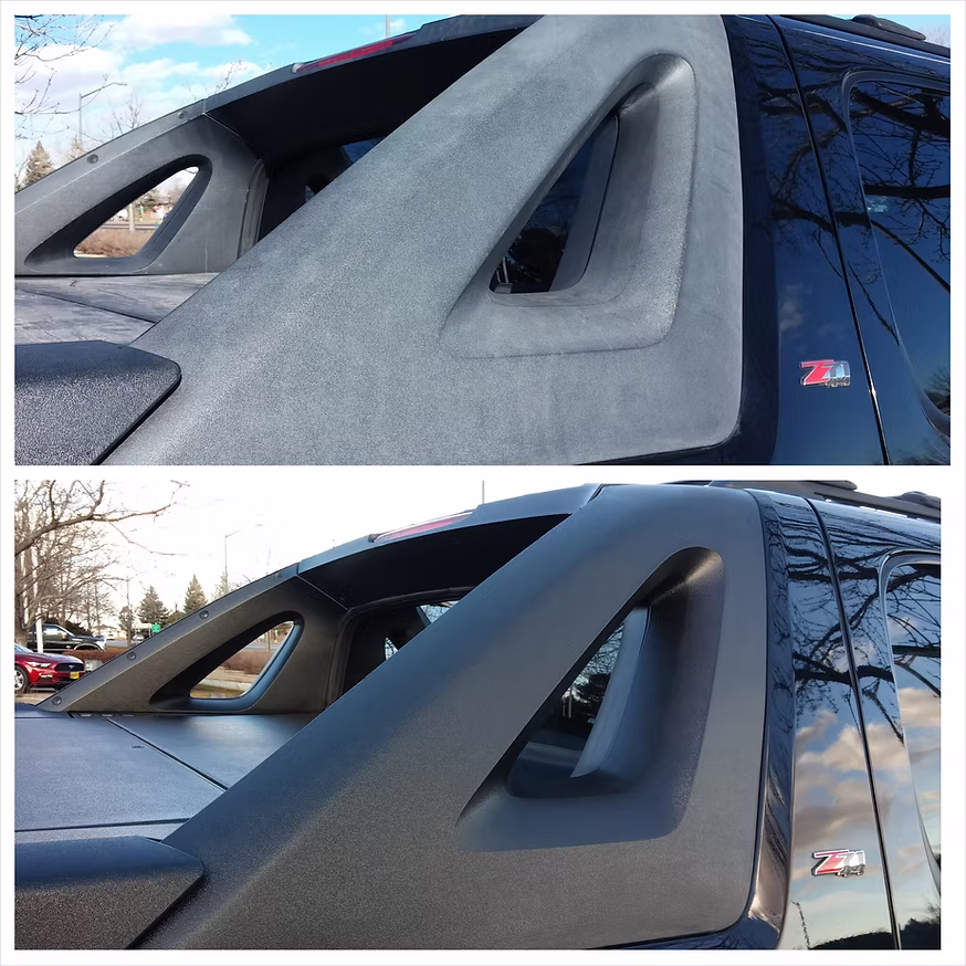 Black truck trim shown before and after restoration to a deep dark finish