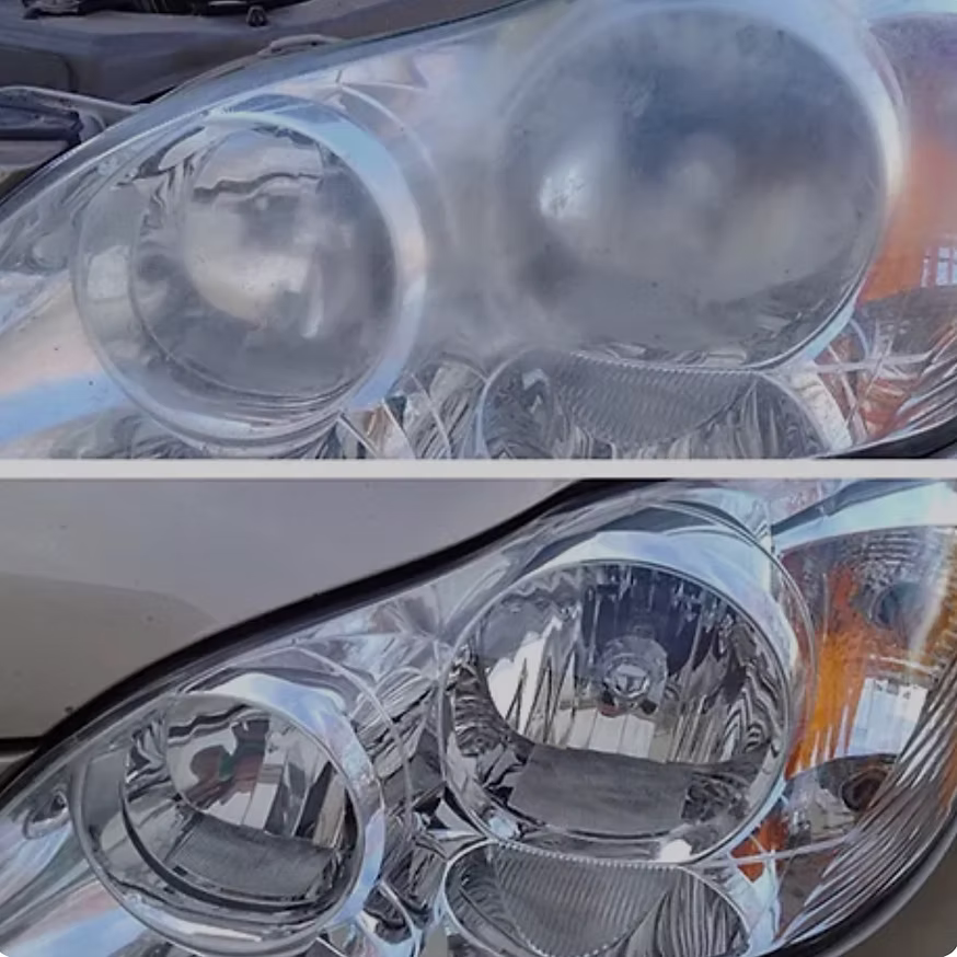 Before and after headlight restoration showing cloudy versus crystal-clear lenses