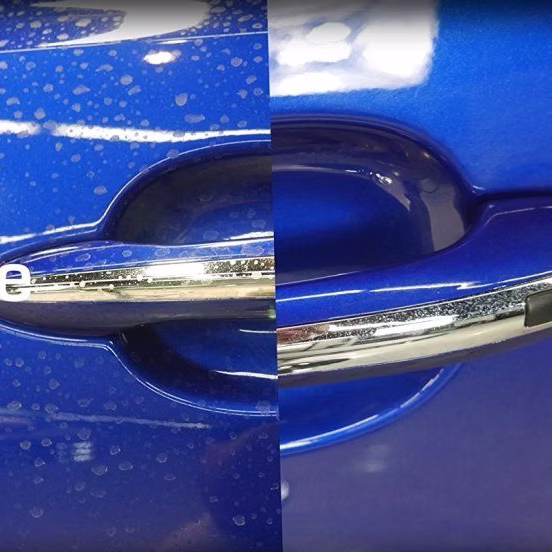 Blue car door showing paint after professional water spot removal